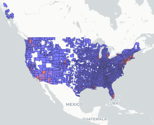 Covid-19 deaths per county in early April, 2020